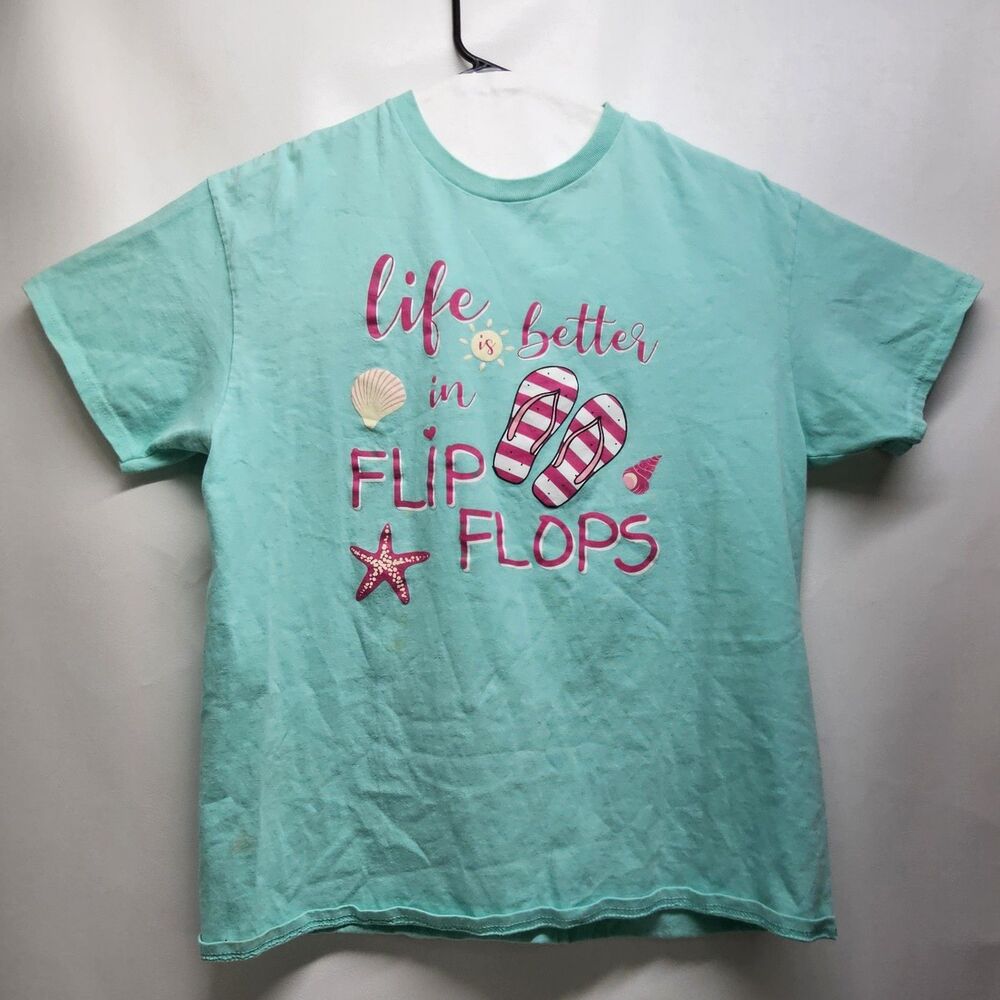 Delta Pro Weight Life Is Better in Flip Flops Tee L Teal 100% Cotton RN15373 Sta